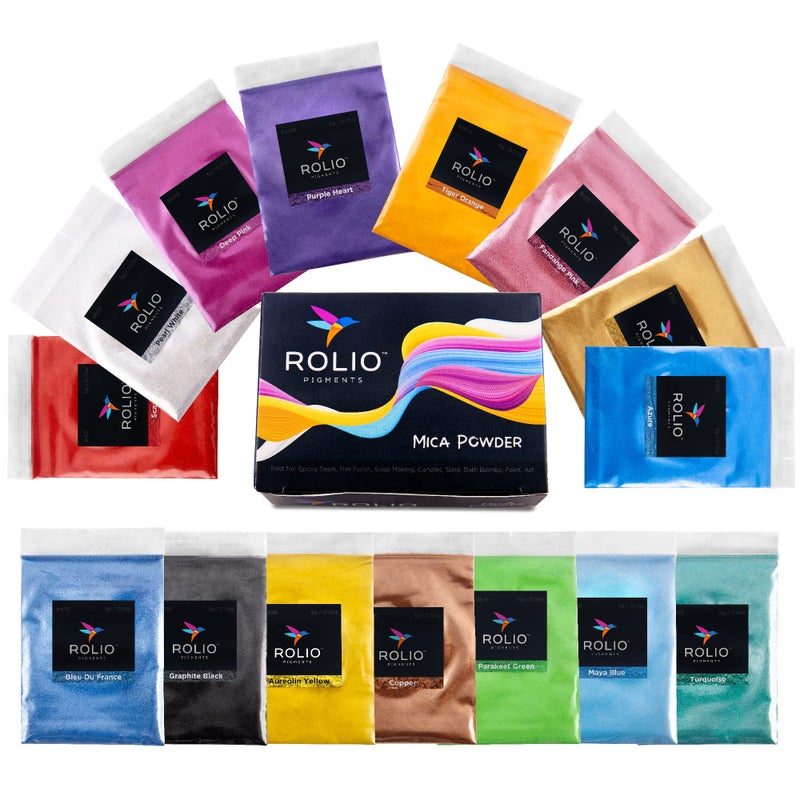 Rolio Mica Powder, 5g, 15 Bags - Pearlescent Color Pigment - Art Set for Resin Epoxy - for Soap Making, Nail Polish, Lip Gloss, Eye Shadow, Slime & Candle Jars - (Original Set) - Image 1